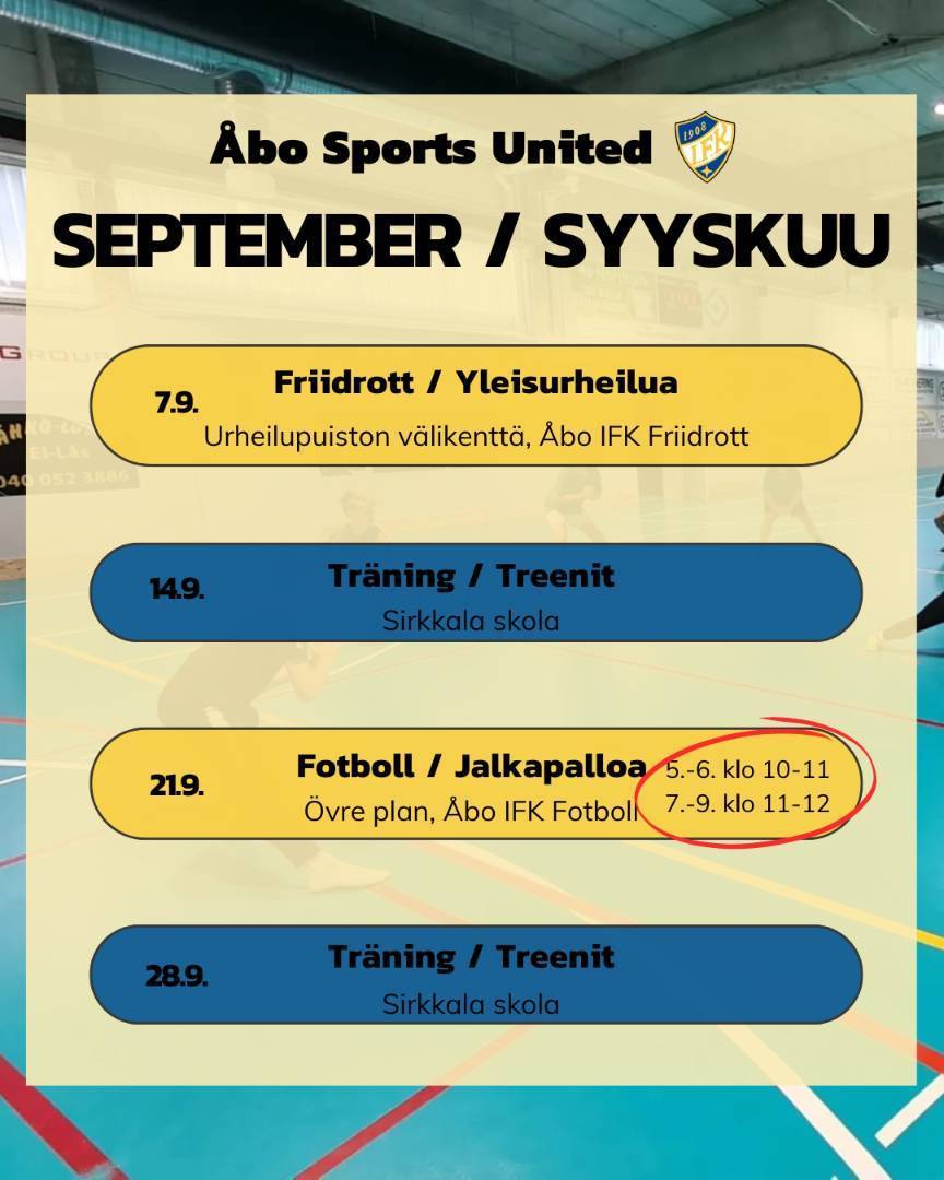 ​Syyskuun Åbo Sports United treenit / Septembers Åbo Sports United träningar