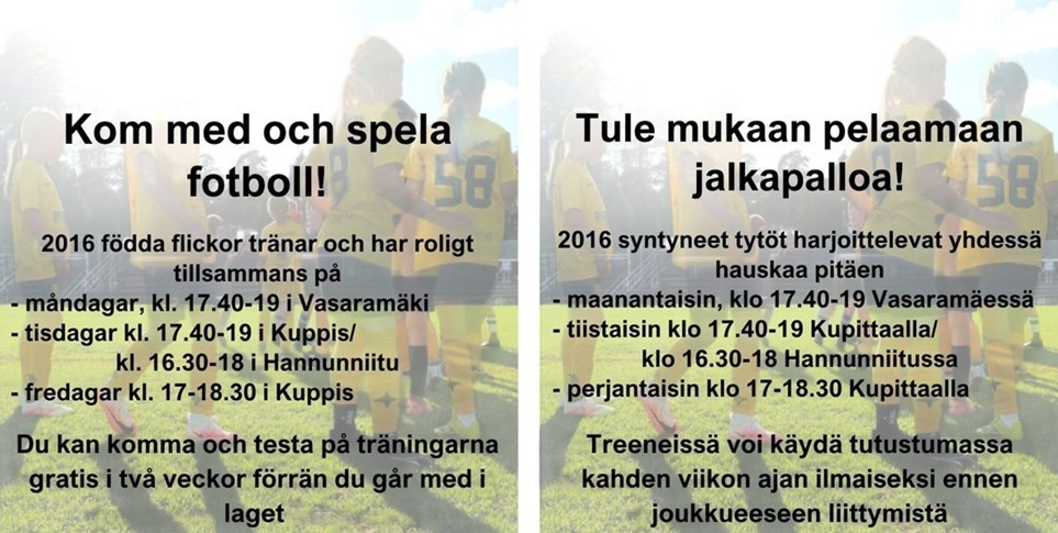 Kom med och spela fotboll! Tule mukaan pelaamaan jalkapalloa!