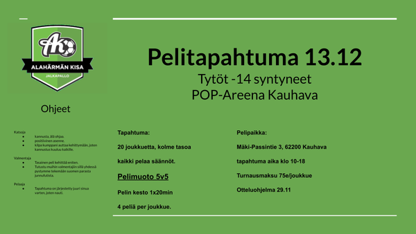 Pelitapahtuma 13.12 POP-Areena Kauhava