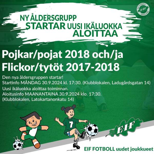 Den nya åldersgruppen startar pojkar 2018 - Uusi ikäluokkajoukkue aloittaa pojat 2018