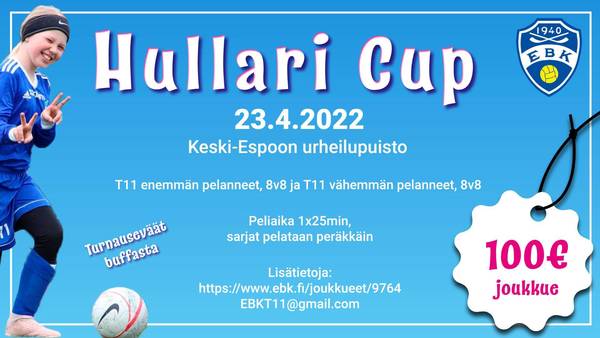 Hullari Cupin otteluohjelma julkaistu, tervetuloa mukaan lauantaina 23.4.2022 klo 9-18
