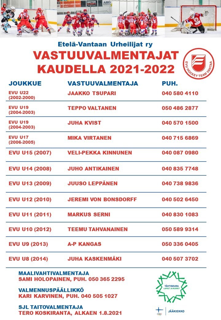 EVUn vastuuvalmentajat kaudella 2021-2022