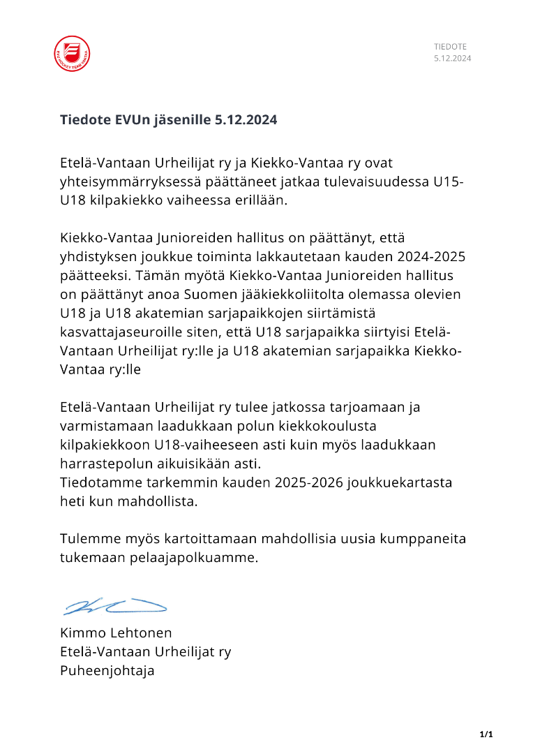 Tiedote EVUn jäsenille 5.12.2024