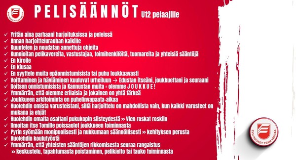 EVU U12 joukkueen pelisäännöt pelaajille kaudella 2025 - 2026