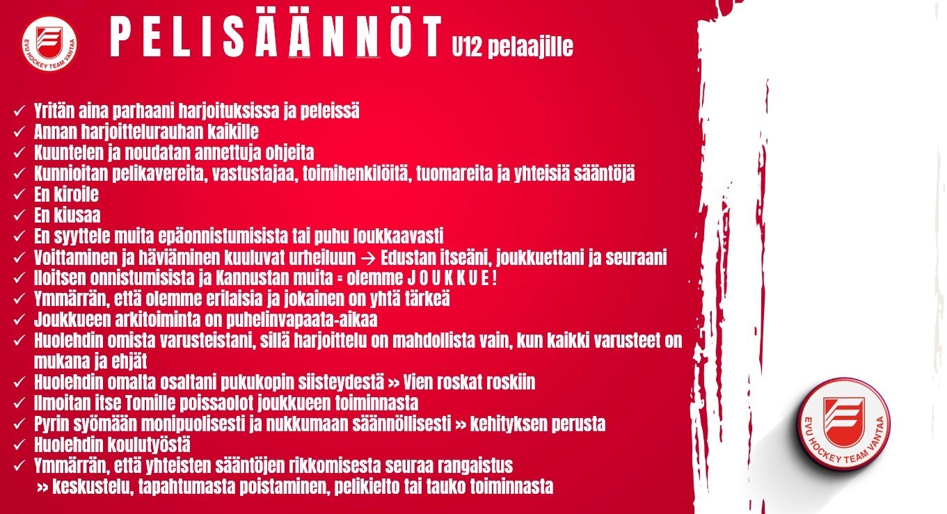 EVU U12 joukkueen pelisäännöt pelaajille kaudella 2025 - 2026