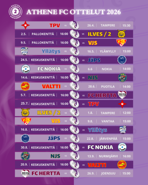 Athene FC:n otteluohjelma kaudelle 2026 on julkaistu!