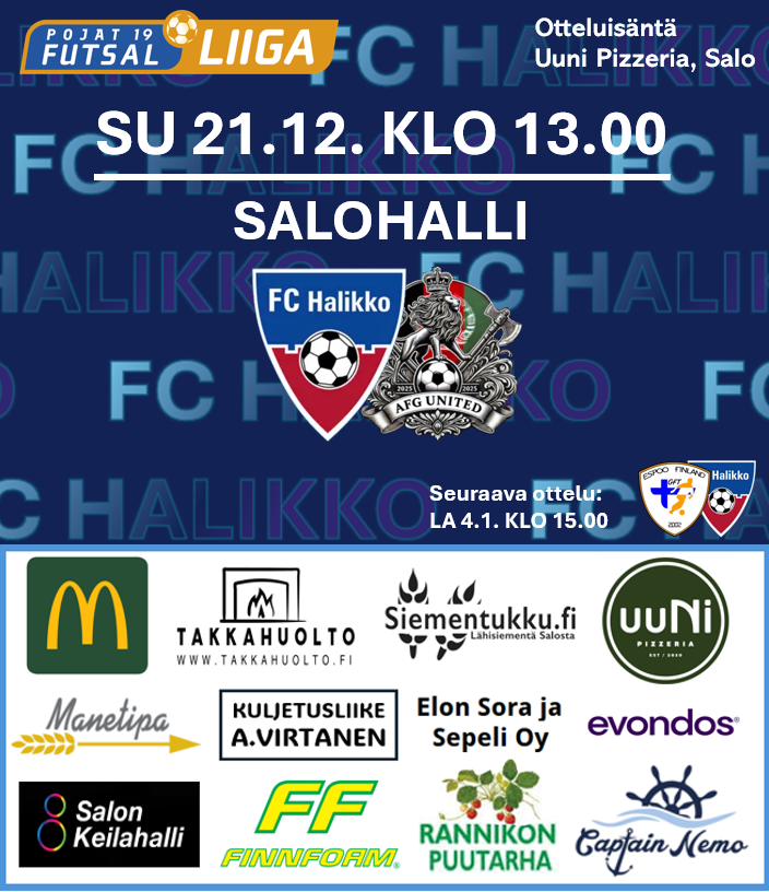 FUTSAL P19 - AFG UNITED  TULEE HALIKON VIERAAKSI VIELÄ ENNEN JOULUA