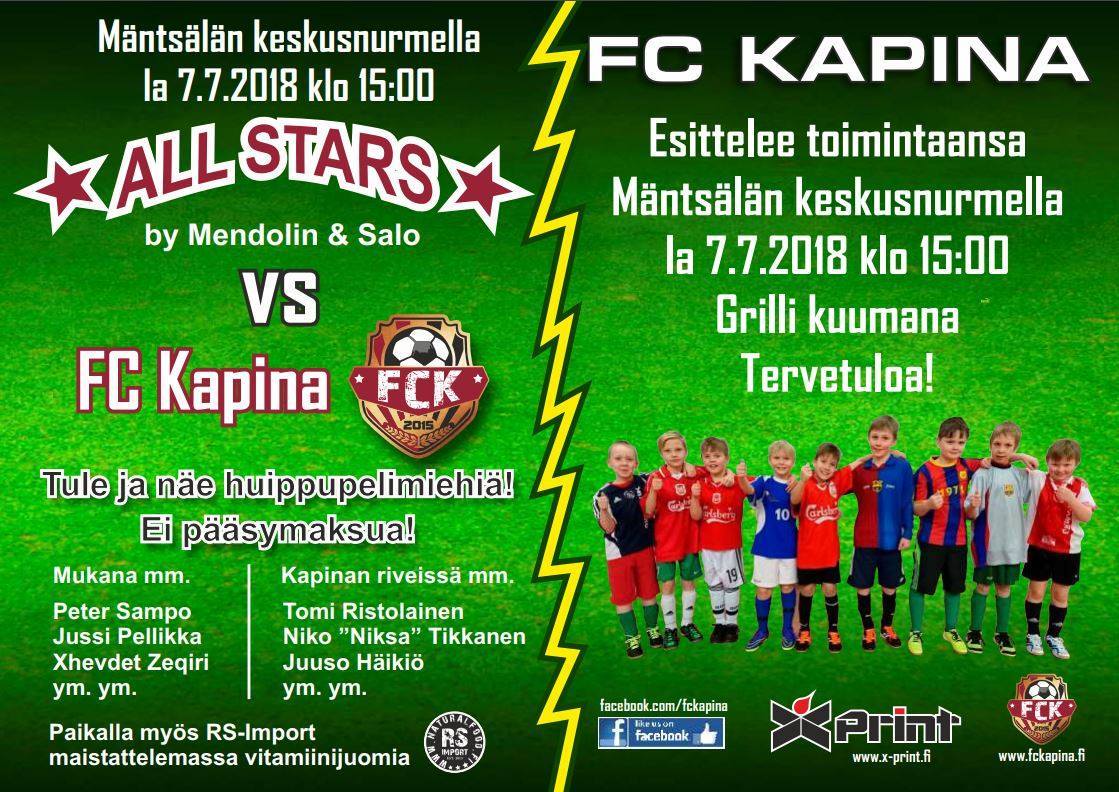 Allstars vs FC Kapina la 7.7. klo 15 keskusnurmella