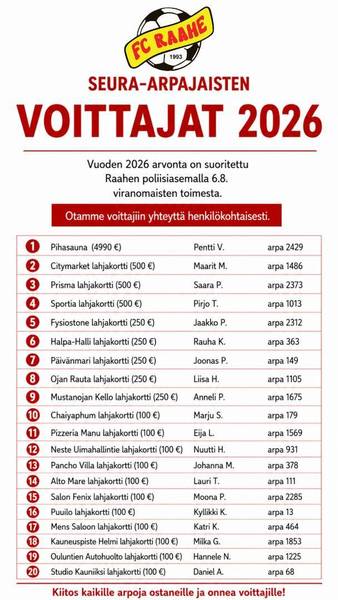Seura-arpajaisten tulokset 2026