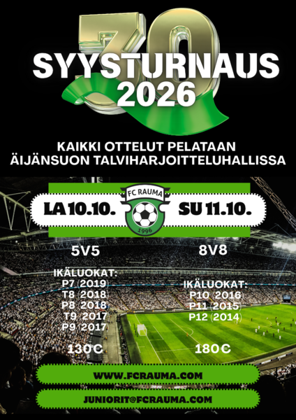 FC Rauman 30-vuotisjuhlavuoden turnaus järjestetään lokakuussa