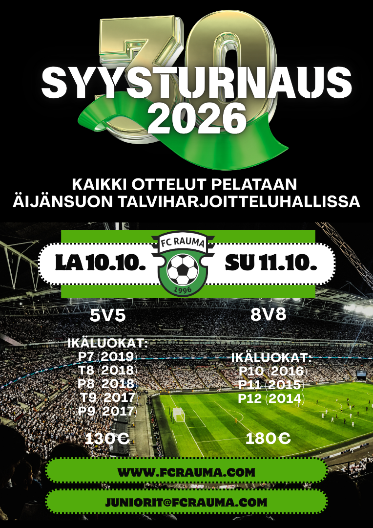 FC Rauman 30-vuotisjuhlavuoden turnaus järjestetään lokakuussa