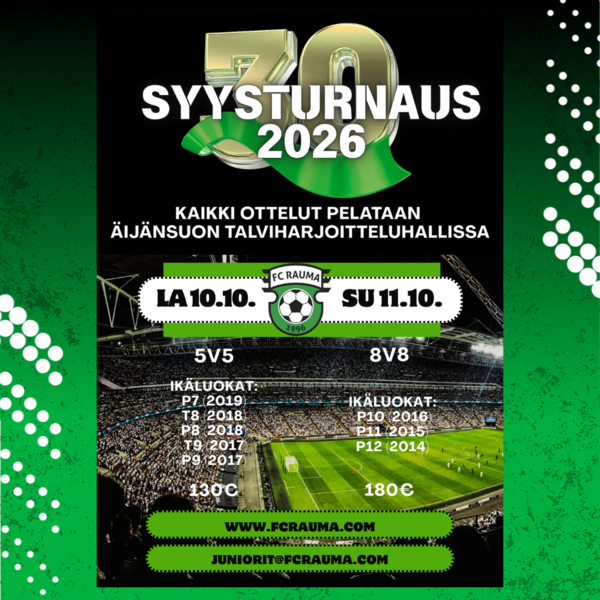 FC Rauman 30-vuotisjuhlavuoden turnaus järjestetään lokakuussa