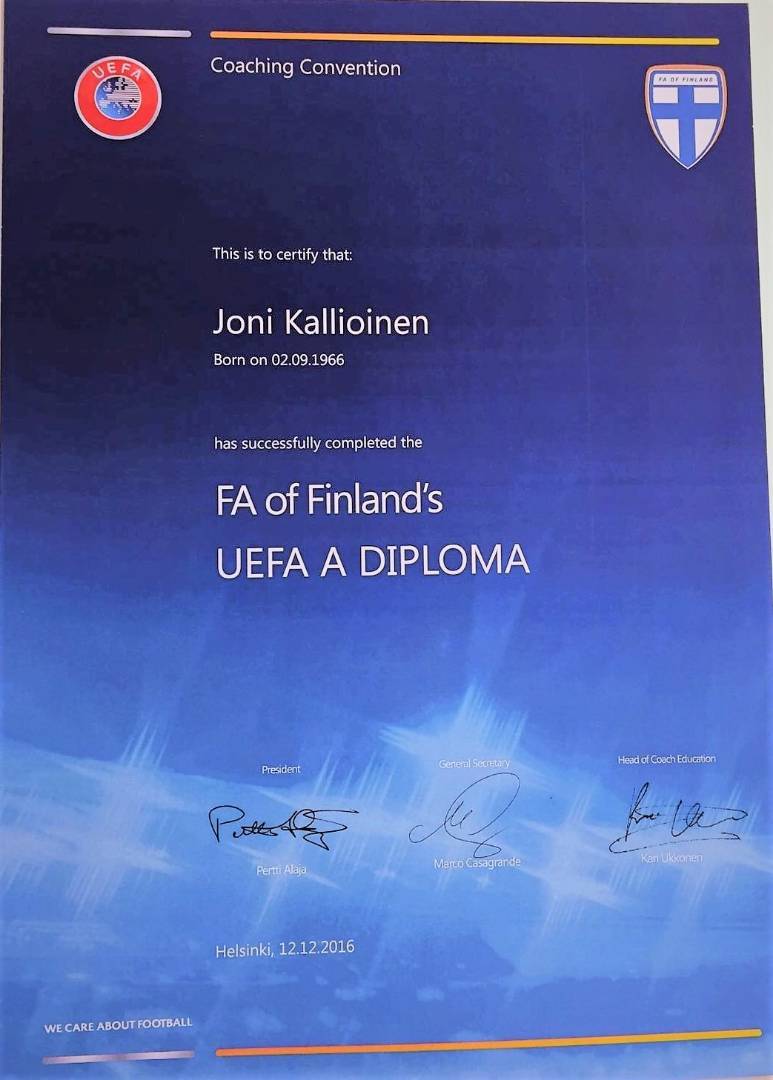 Joni Kallioiselle UEFA A -valmentajatutkinto