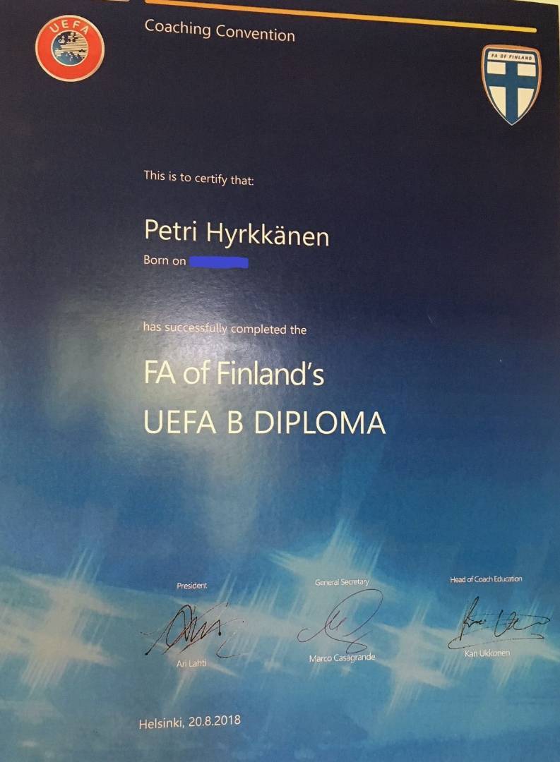 Petri Hyrkkäselle UEFA B -valmentajalisenssi