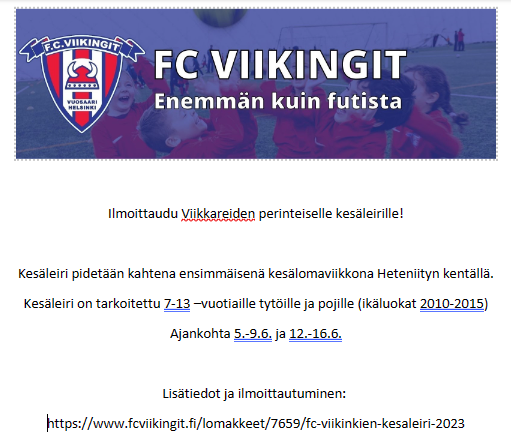 Ilmoittaudu mukaan FC Viikinkien perinteiselle kesäleirille 5-16.6.2023!