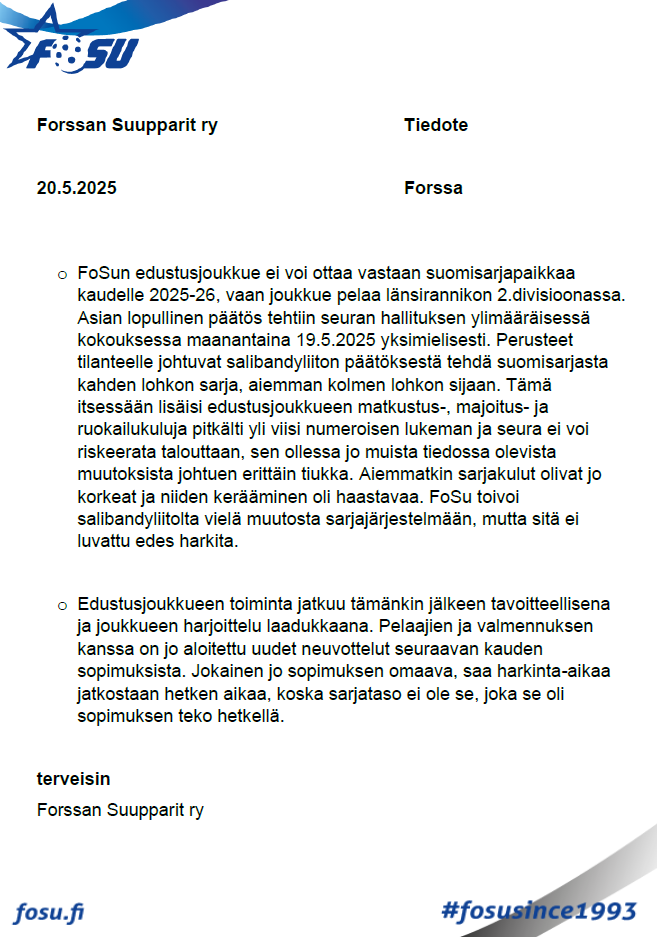 FoSun edustusjoukkueen tiedote kaudesta 2025-2026