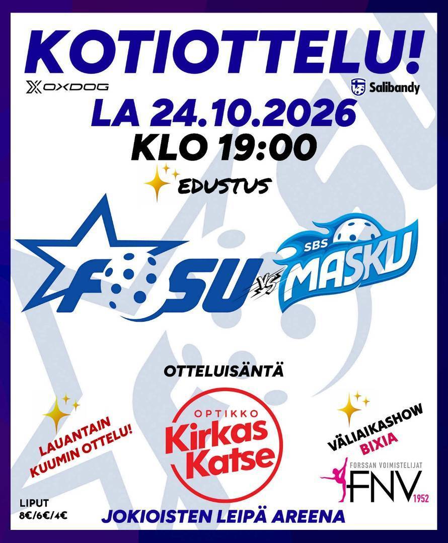 Lauantai-illan huumaa hallilla: Edustus kohtaa SBS Maskun iltapelissä klo 19:00