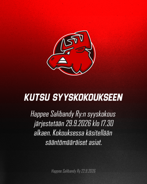 Happee Salibandy Ry:n syyskokous 29.9.2026 klo 17.30 alkaen