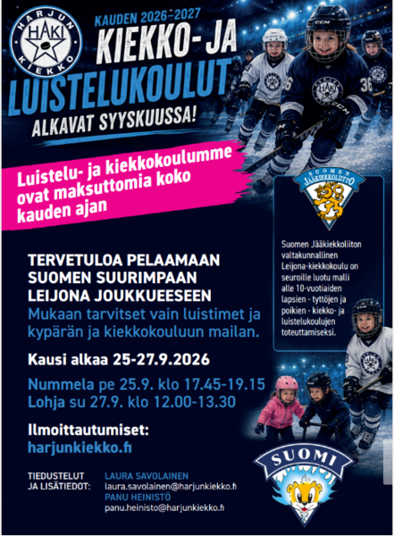 Kauden 2026-2027 kiekko- ja luistelukoulut ovat maksuttomia!