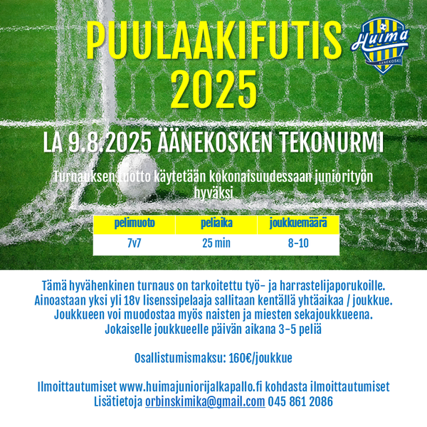 Puulaakifutis-turnaus pelataan la 9.8. tekonurmella