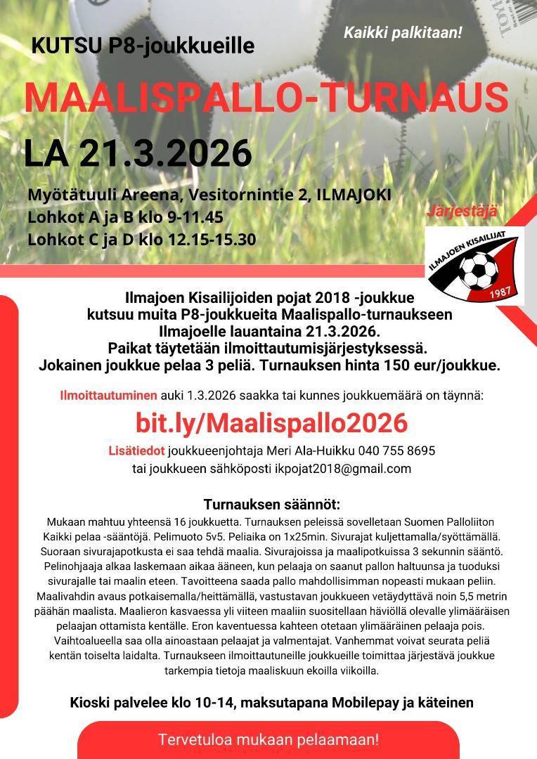 Tervetuloa mukaan P8-joukkueet! Maalispallo-turnaus Ilmajoella 21.3.2026