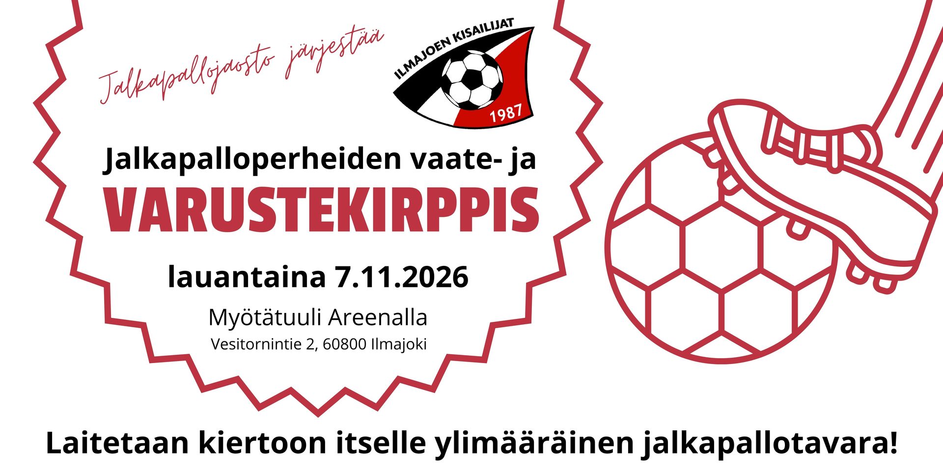 Jalkapalloperheiden varustekirppis lauantaina 7.11.2026 Myötätuuli Areenalla