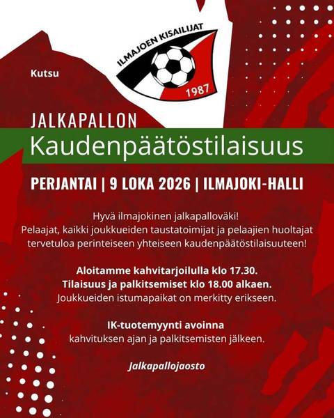 Kaudenpäätöstilaisuus pe 9.10.2026 Ilmajoki-hallilla