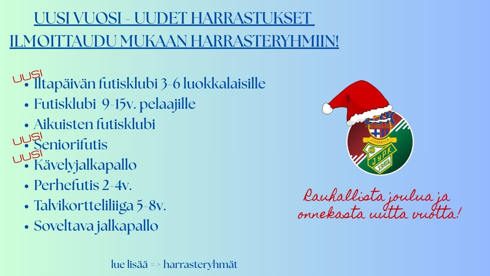 JyPK-JJK juniorit toivottaa kaikille hyvää joulua ja onnellista uutta vuotta!