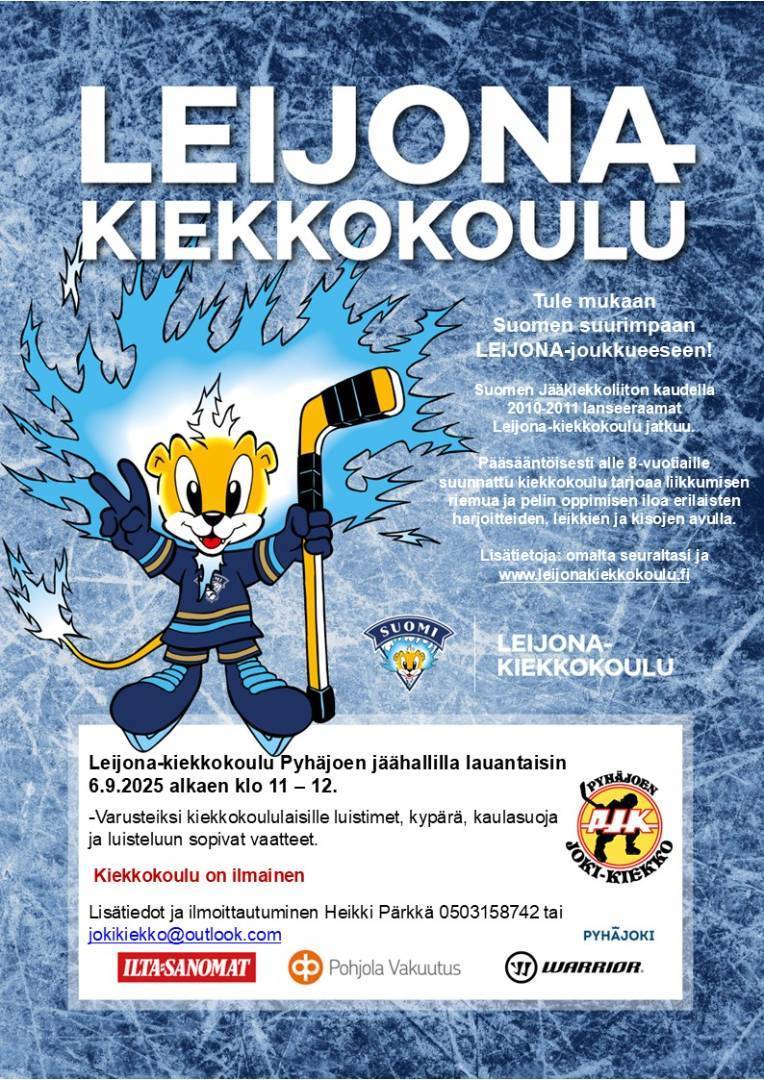 Leijona-kiekkokoulu Pyhäjoen jäähallilla lauantaisin 6.9.2025 alkaen klo 11 – 12