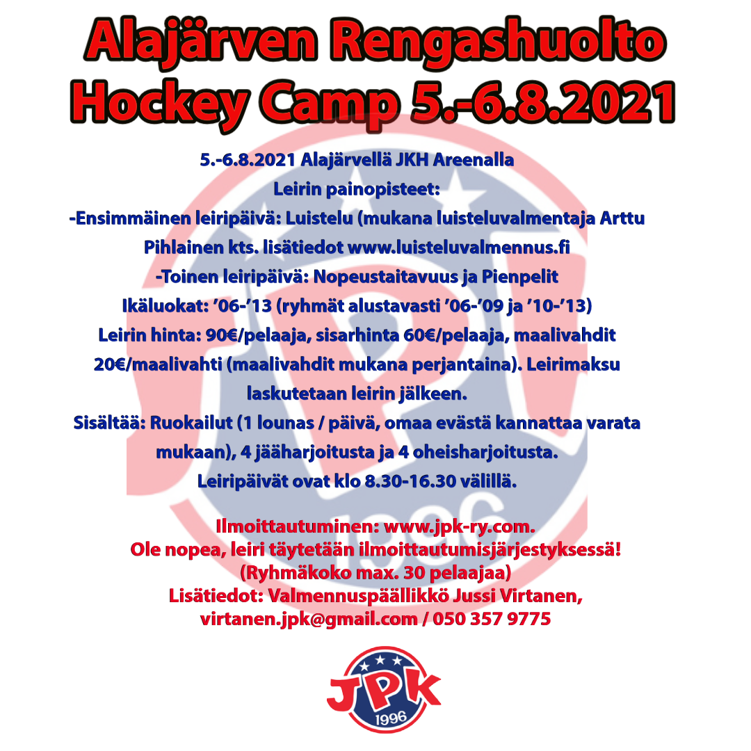 Alajärven Rengashuolto Hockey Camp järjestetään 5.-6.8.2021!