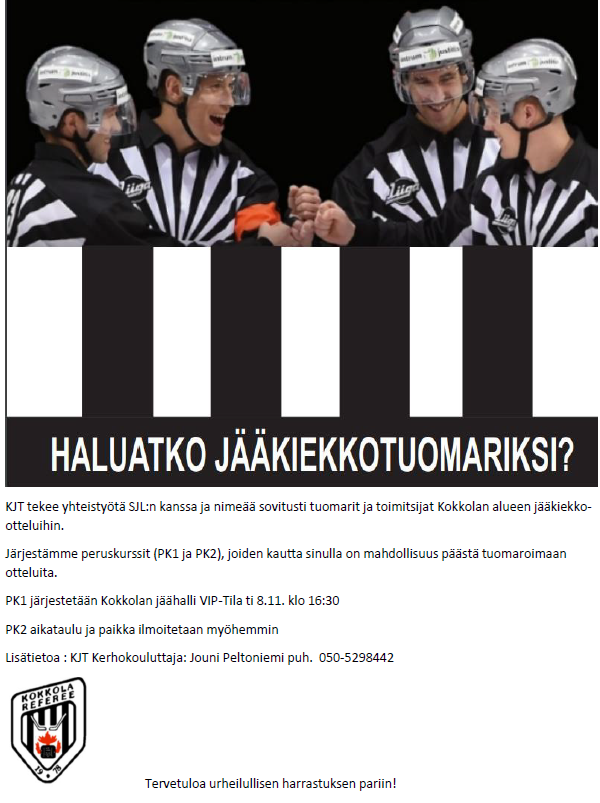​Kokkolan jääkiekkoerotuomarit järjestää Peruskurssi 1:sen tiistaina 8.11.2022 .