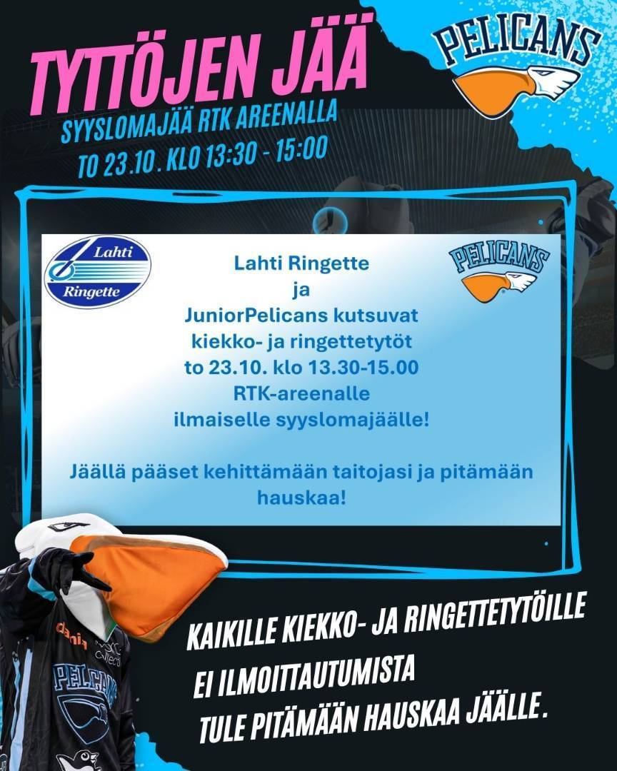 Ringette- ja kiekkotyttöjen yhteinen syysjää to 23.10. klo 13:30 - 15:00