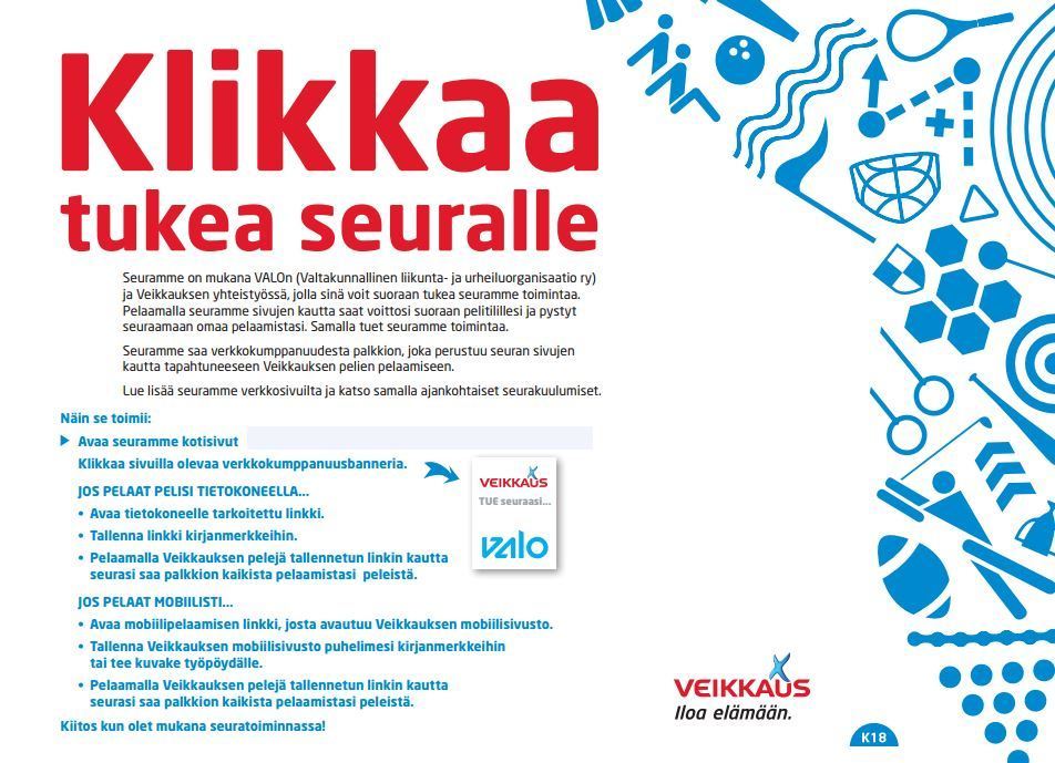 Pelaa Veikkauksen pelejä tukemalla seuraamme!