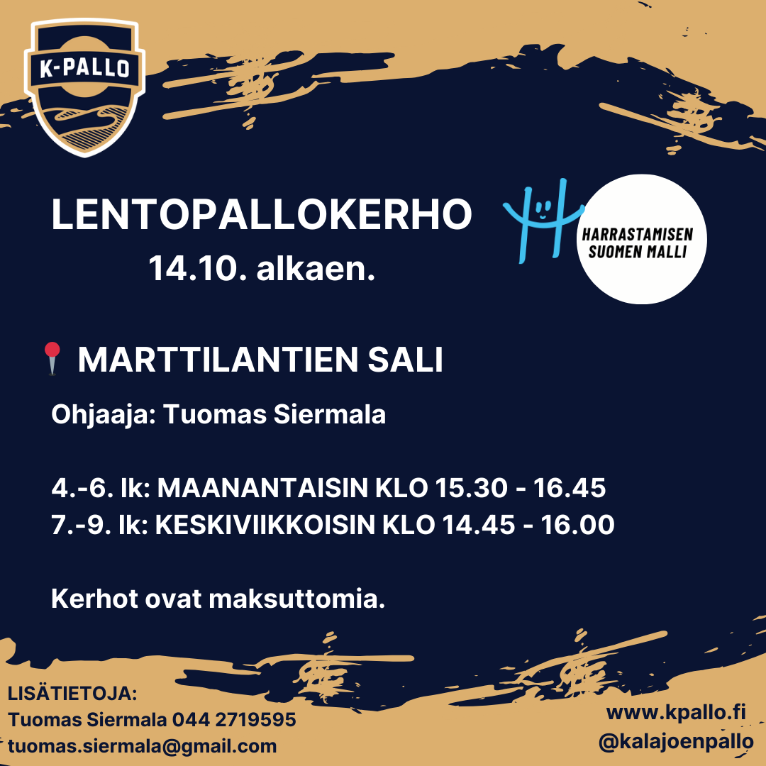 Lentopallokerho alkaa maanantaina 14.10.2024.