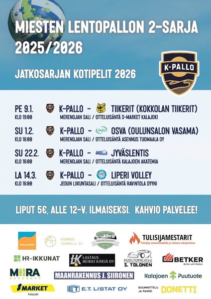 Miesten lentopallon kotiottelut 2026.