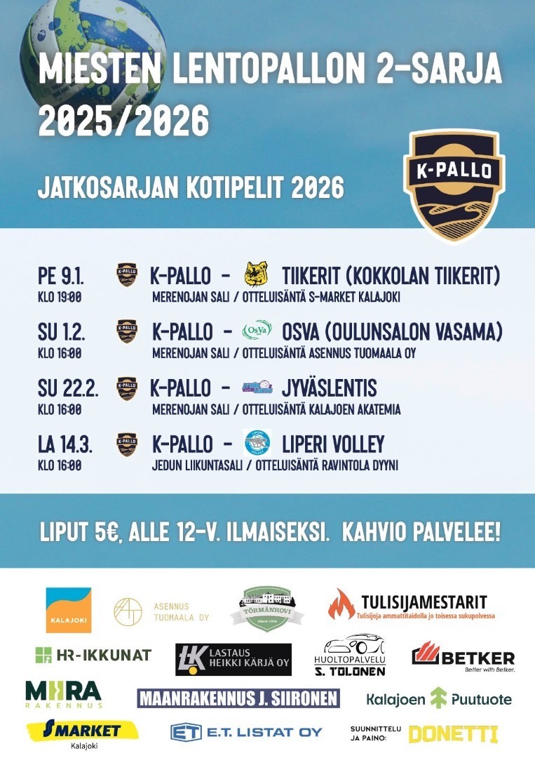 Miesten lentopallon kotiottelut 2026.