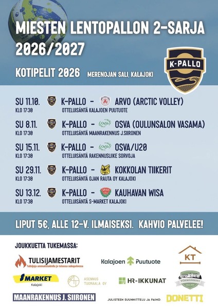 Miesten lentopallon kotiottelut syksyllä 2026.