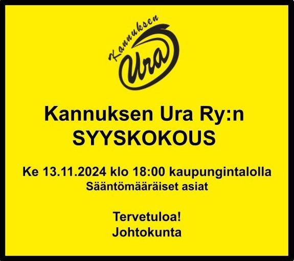 Kannuksen Uran syyskokous ke 13.11.2024 klo 18:00 kaupungintalolla