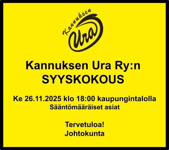 Kannuksen Uran syyskokous ke 26.11.2025 klo 18:00 kaupungintalolla