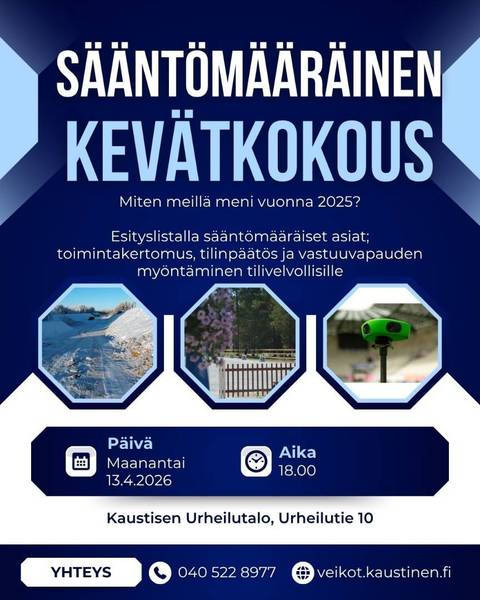 Sääntömääräinen kevätkokous 13.4. klo 18.00 Urheilutalolla