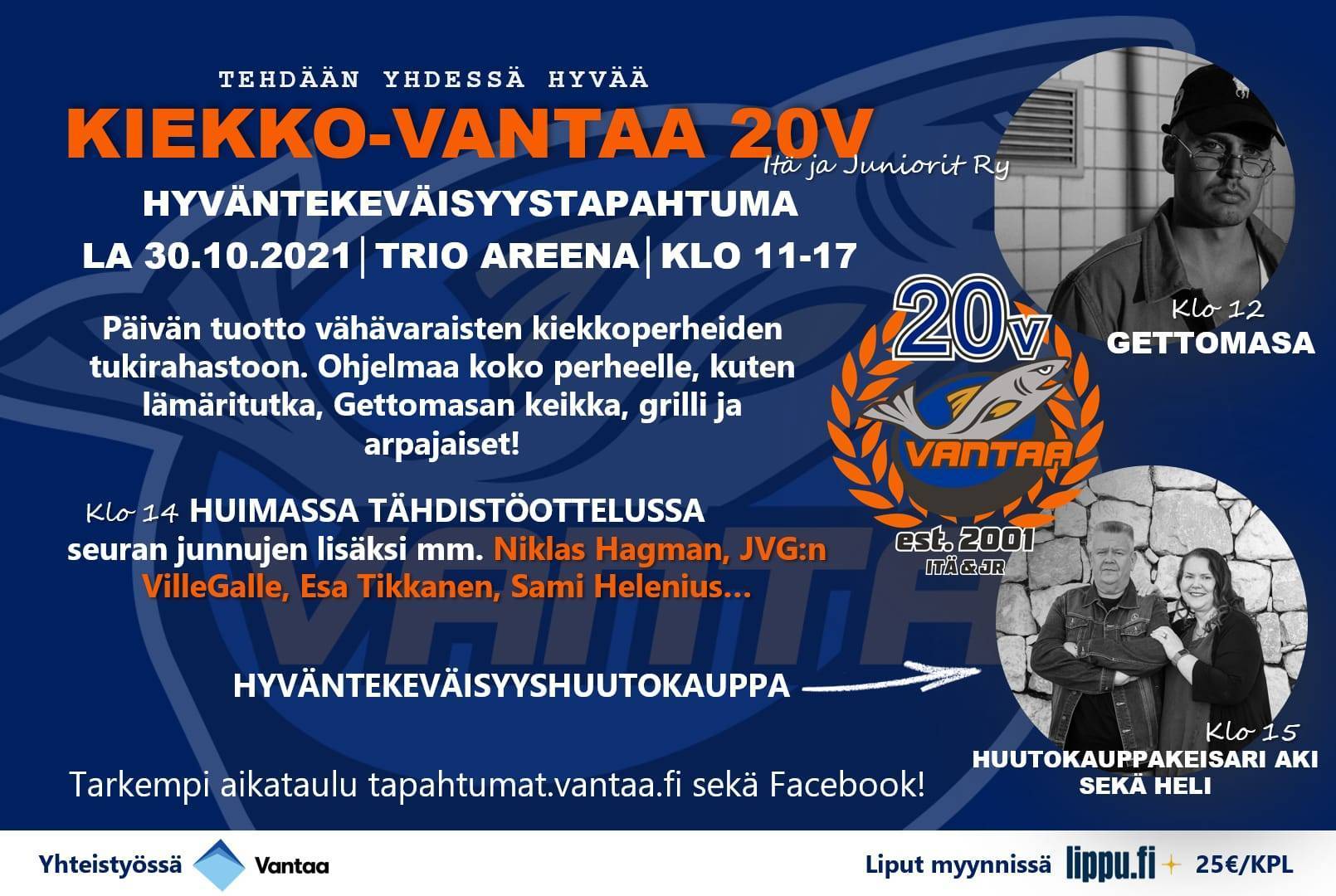 Kiekko-Vantaa juniorit 20v. juhlat Trio Areenalla 30.10. klo 11-17