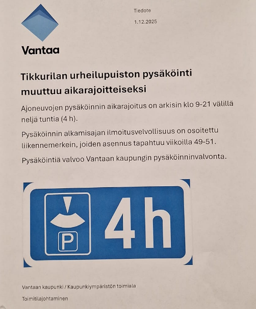 Tikkurilan urheilupuiston pysäköintiin rajoituksia