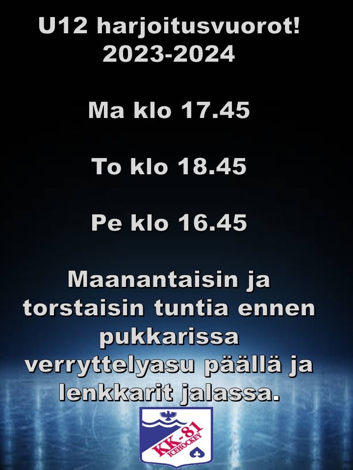 Harkkavuorot viikosta 37 alkaen. viikoilla 35 ja 36 maanantain harjoitukset ovat tiistaina klo 18.00
