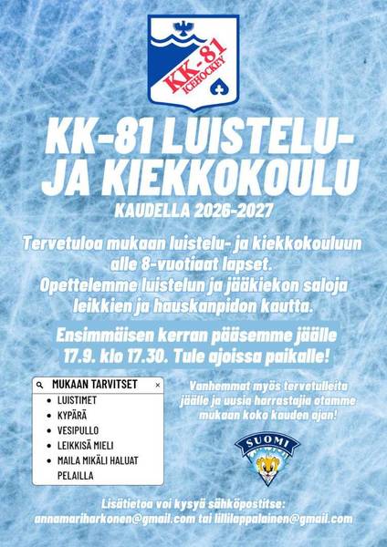 Luistelu-ja kiekkokoulu alkaa