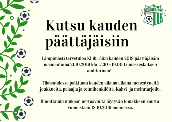 Tervetuloa Klubi-36:n kauden päättäjäisiin 21.10. klo 17.30 alkaen