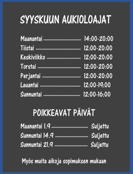 Syyskuun aukioloajat