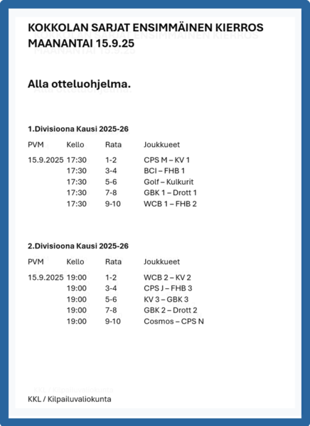 Kokkolan sarjat ensimmäinen kierros 15.9.2025