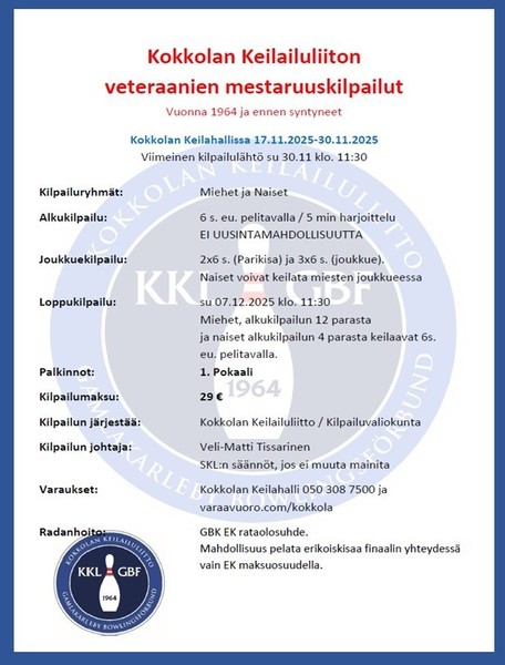 Kokkolan veteraanien mestaruuskilpailut 17.11-7.12.2025