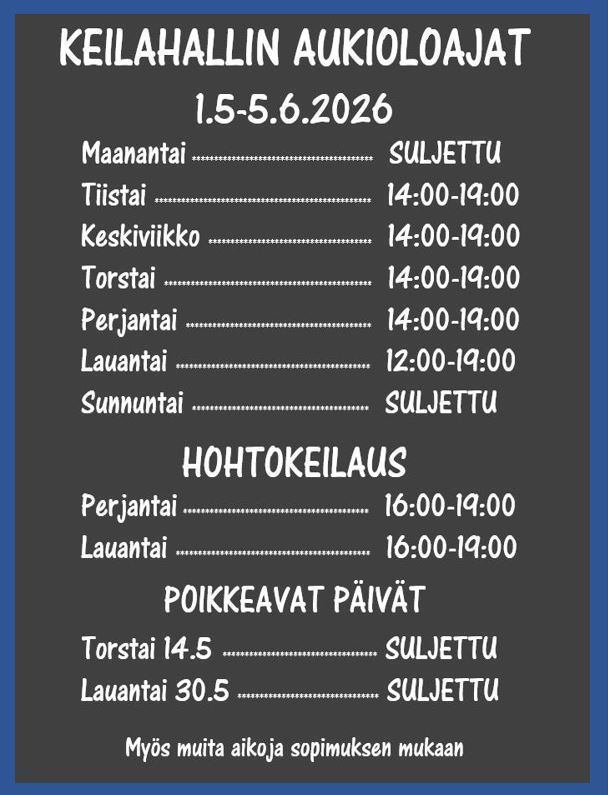 Keilahallin aukioloajat 1.5-5.6