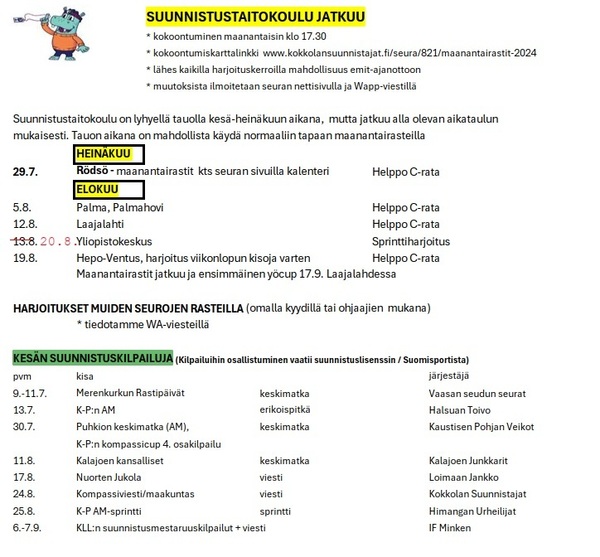 Suunnistustaitoryhmän harjoitukset 2024